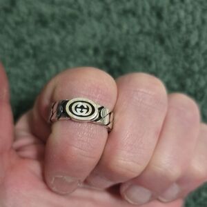 Gucci Silver Tone Double G Signet Ring with Black Detail